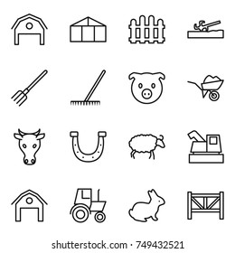 thin line icon set : barn, greenhouse, fence, soil cutter, fork, rake, pig, wheelbarrow, cow, horseshoe, sheep, harvester, tractor, rabbit, farm
