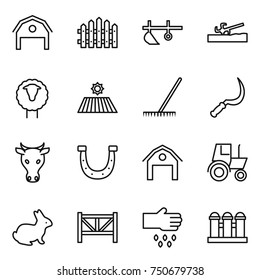 thin line icon set : barn, fence, plow, soil cutter, sheep, field, rake, sickle, cow, horseshoe, tractor, rabbit, farm, sow, grain elevator
