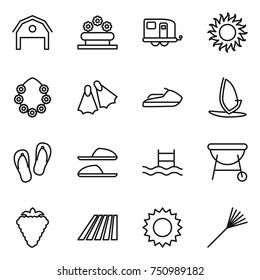 thin line icon set : barn, flower bed, trailer, sun, hawaiian wreath, flippers, jet ski, windsurfing, flip flops, slippers, pool, bbq, berry, field, rake