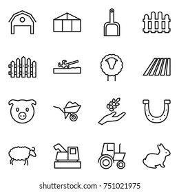thin line icon set : barn, greenhouse, scoop, fence, soil cutter, sheep, field, pig, wheelbarrow, harvest, horseshoe, harvester, tractor, rabbit