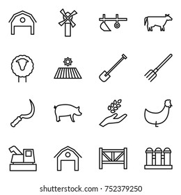 thin line icon set : barn, windmill, plow, cow, sheep, field, shovel, fork, sickle, pig, harvest, chicken, harvester, farm fence, grain elevator