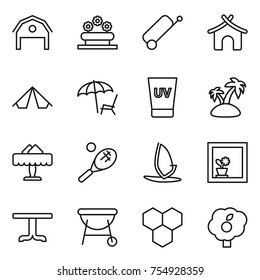 thin line icon set : barn, flower bed, suitcase, bungalow, tent, lounger, uv cream, island, restaurant, tennis, windsurfing, in window, table, bbq, honeycombs, garden