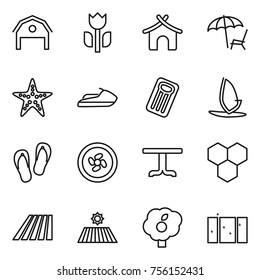Thin line icon set : barn, perishable, bungalow, lounger, starfish, jet ski, inflatable mattress, windsurfing, flip flops, cooler fan, table, honeycombs, field, garden, clean window