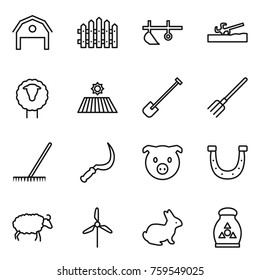 Thin line icon set : barn, fence, plow, soil cutter, sheep, field, shovel, fork, rake, sickle, pig, horseshoe, windmill, rabbit, fertilizer