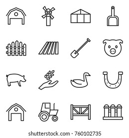 Thin line icon set : barn, windmill, greenhouse, scoop, fence, field, shovel, pig, harvest, goose, horseshoe, tractor, farm, grain elevator