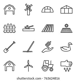 Thin line icon set : barn, windmill, greenhouse, fence, soil cutter, field, shovel, rake, harvest, goose, tractor, sow