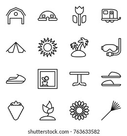 Thin line icon set : barn, dome house, perishable, trailer, tent, sun, island, diving mask, jet ski, flower in window, table, slippers, berry, sprouting, rake
