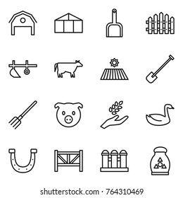 Thin line icon set : barn, greenhouse, scoop, fence, plow, cow, field, shovel, fork, pig, harvest, goose, horseshoe, farm, grain elevator, fertilizer