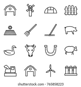 Thin line icon set : barn, windmill, greenhouse, fence, field, fork, rake, pig, goose, cow, horseshoe, sheep, harvester, grain elevator