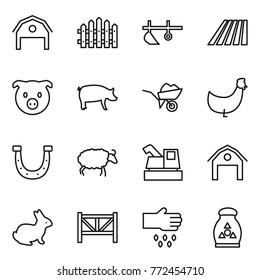 Thin line icon set : barn, fence, plow, field, pig, wheelbarrow, chicken, horseshoe, sheep, harvester, rabbit, farm, sow, fertilizer