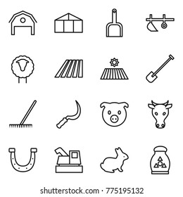 Thin line icon set : barn, greenhouse, scoop, plow, sheep, field, shovel, rake, sickle, pig, cow, horseshoe, harvester, rabbit, fertilizer