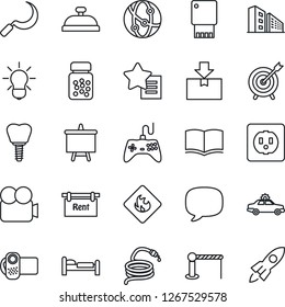 Thin Line Icon Set - barrier vector, alarm car, bed, book, presentation board, hose, sickle, pills bottle, implant, package, flammable, gamepad, video camera, network, favorites list, message, rent