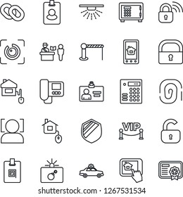 Thin Line Icon Set - barrier vector, passport control, alarm car, bomb in case, safe, identity card, shield, chain, lock, face id, eye, vip zone, home, wireless, intercome, app, combination, pass