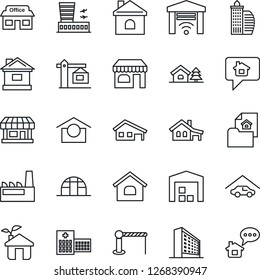 Thin Line Icon Set - barrier vector, shop, airport building, office, house, greenhouse, hospital, store, warehouse storage, with garage, tree, estate document, crane, factory, eco, gate control