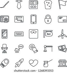 Thin Line Icon Set - barrier vector, lock, mobile phone, scales, scalpel, cash, touch screen, heart, mail, stopwatch, office chair, windmill, rent, reserved, bread, turkish coffee, usb flash, rocket