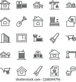 Thin Line Icon Set - barrier vector, airport building, office, shovel, wheelbarrow, saw, house, hospital, with garage, tree, plan, estate document, sweet home, city, crane, message