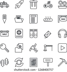 Thin Line Icon Set - barrier vector, trash bin, passport, book, abacus, document, plant label, ambulance car, satellite, gamepad, headphones, play button, data exchange, update, folder, estate, sale