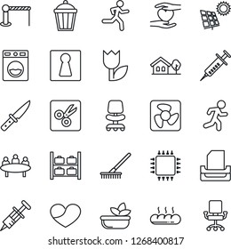 Thin Line Icon Set - barrier vector, female, luggage storage, office chair, meeting, rake, garden light, syringe, run, heart hand, tulip, cut, paper tray, house with tree, sun panel, salad, bread