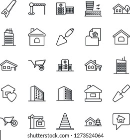 Thin Line Icon Set - barrier vector, border cone, airport building, office, trowel, wheelbarrow, saw, house, hospital, with garage, tree, estate document, sweet home, city, crane, message