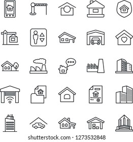 Thin Line Icon Set - barrier vector, elevator, factory, warehouse storage, office building, house, with garage, tree, estate document, sweet home, city, crane, insurance, control app, gate, message