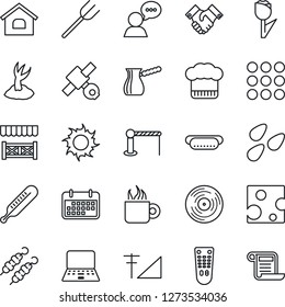 Thin Line Icon Set - barrier vector, notebook pc, farm fork, sproute, sun, seeds, thermometer, satellite, term, tulip, vinyl, remote control, speaker, menu, cellular signal, handshake, house, coffee