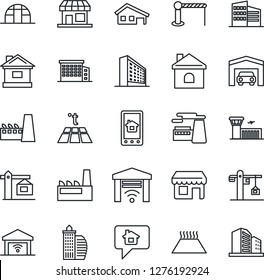 Thin Line Icon Set - barrier vector, airport building, office, factory, house, greenhouse, with garage, crane, home control app, warm floor, gate, message, storefront