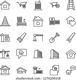 Thin Line Icon Set - barrier vector, border cone, airport building, office, shovel, ladder, wheelbarrow, saw, house, hospital, with garage, estate document, sweet home, city, crane, message