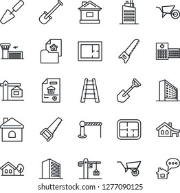 Thin Line Icon Set - barrier vector, airport building, office, trowel, shovel, ladder, wheelbarrow, saw, house, hospital, with garage, tree, plan, estate document, city, crane, home message