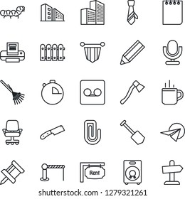 Thin Line Icon Set - barrier vector, hot cup, pennant, notepad, job, rake, axe, caterpillar, microphone, speaker, stopwatch, record, drawing pin, paper clip, office building, printer, tie, pencil