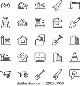 Thin Line Icon Set - barrier vector, border cone, airport building, office, trowel, shovel, ladder, wheelbarrow, saw, house, with garage, tree, plan, estate document, sweet home, crane, message