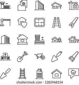 Thin Line Icon Set - barrier vector, airport building, office, trowel, shovel, ladder, wheelbarrow, saw, hospital, house, with garage, tree, plan, estate document, sweet home, city, crane, message