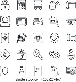 Thin Line Icon Set - barrier vector, bomb in case, safe, hose, shield, flammable, chain, face id, eye, identity card, stamp, key, lock, vip zone, home control, wireless, intercome, combination, pass