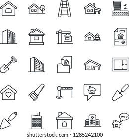 Thin Line Icon Set - barrier vector, airport building, office, trowel, shovel, ladder, saw, house, hospital, with garage, tree, plan, estate document, sweet home, city, crane, message