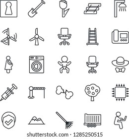Thin Line Icon Set - barrier vector, female, baby, shovel, rake, ladder, syringe, broken bone, pregnancy, truck trailer, tulip, shield, office chair, paper tray, windmill, fruit tree, mountains