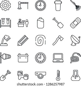 Thin Line Icon Set - barrier vector, passport control, wind, gear, job, pencil, shovel, rake, hose, axe, blood pressure, test vial, patch, clock, satellite antenna, laptop pc, battery, desk lamp