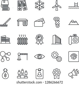 Thin Line Icon Set - barrier vector, office building, pedestal, binder, medal, desk, rake, eye, no hook, camera, fingerprint id, sertificate, book, pool, mountains, heater, credit card, snowflake