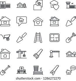 Thin Line Icon Set - barrier vector, airport building, trowel, shovel, ladder, wheelbarrow, saw, house, hospital, with tree, plan, estate document, sweet home, crane, message