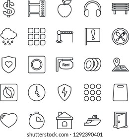 Thin Line Icon Set - barrier vector, spoon and fork, dollar sign, house, rain, bench, heart shield, navigation, important flag, sea shipping, film frame, headphones, menu, protect, clock, stopwatch
