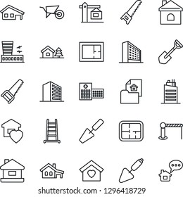 Thin Line Icon Set - barrier vector, airport building, office, trowel, shovel, ladder, wheelbarrow, saw, house, hospital, with garage, tree, plan, estate document, sweet home, city, crane, message