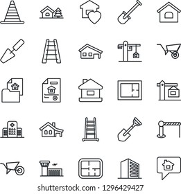 Thin Line Icon Set - barrier vector, border cone, airport building, office, trowel, shovel, ladder, wheelbarrow, hospital, house, with garage, tree, plan, estate document, sweet home, crane, message