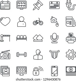 Thin Line Icon Set - barrier vector, waiting area, pennant, printer, monitor pulse, barbell, bike, radio, news, microphone, cell phone, heart, settings, user, photo gallery, calendar, drawing pin