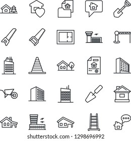 Thin Line Icon Set - barrier vector, border cone, airport building, office, trowel, shovel, ladder, wheelbarrow, saw, house, with garage, tree, plan, estate document, sweet home, city, message