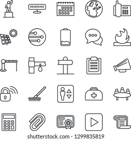Thin Line Icon Set - barrier vector, elevator, pedestal, meeting, rake, drip irrigation, doctor case, signpost, office phone, flammable, loudspeaker, dialog, low battery, play button, network, earth