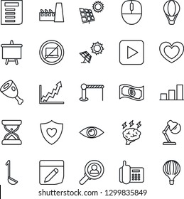 Thin Line Icon Set - barrier vector, no laptop, mouse, document, presentation board, brainstorm, heart, shield, eye, office phone, play button, notes, bar graph, desk lamp, sun panel, factory, ham