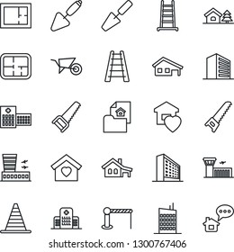 Thin Line Icon Set - barrier vector, border cone, airport building, office, trowel, ladder, wheelbarrow, saw, hospital, house with garage, tree, plan, estate document, sweet home, city, message