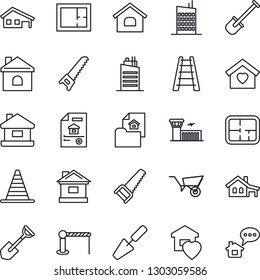 Thin Line Icon Set - barrier vector, border cone, airport building, trowel, shovel, ladder, wheelbarrow, saw, house, with garage, plan, estate document, sweet home, city, message