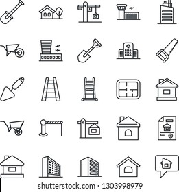 Thin Line Icon Set - barrier vector, airport building, office, trowel, shovel, ladder, wheelbarrow, saw, house, hospital, with tree, plan, estate document, city, crane, home message