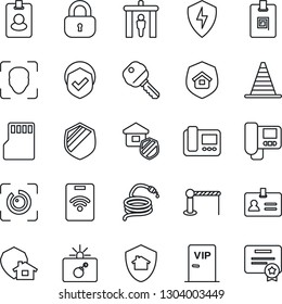 Thin Line Icon Set - barrier vector, security gate, bomb in case, identity, border cone, hose, shield, protect, sd, face id, eye, card, key, lock, estate insurance, vip zone, intercome, home, pass