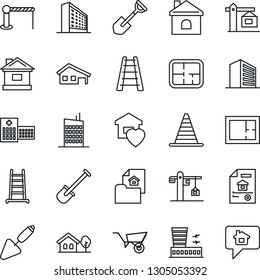 Thin Line Icon Set - barrier vector, border cone, airport building, office, trowel, shovel, ladder, wheelbarrow, house, hospital, with garage, tree, plan, estate document, sweet home, city, crane
