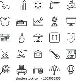Thin Line Icon Set - barrier vector, growth statistic, desk, presentation board, job, printer, lawn mower, butterfly, heart shield, hand, umbrella, warehouse storage, pause button, themes, stopwatch